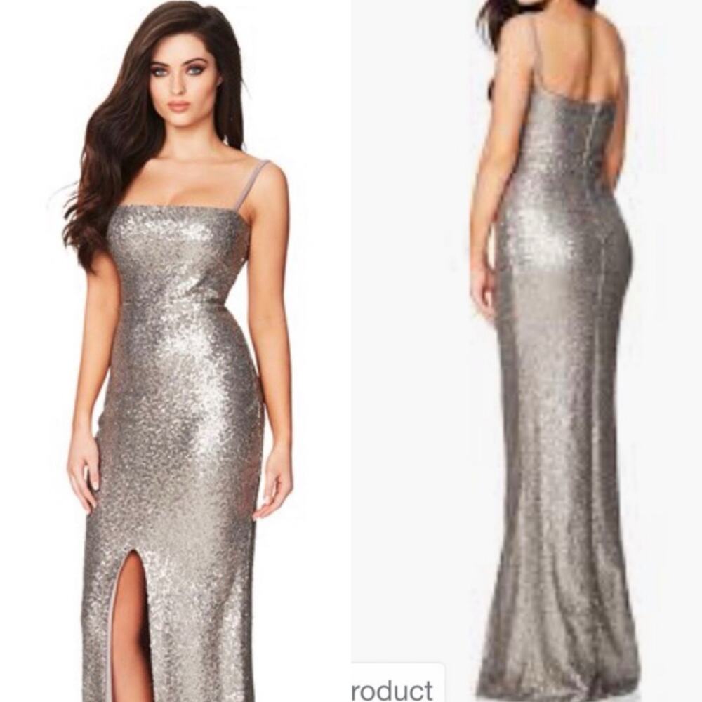 NWT Nookie Europa Pewter Silver Sequined Maxi Formal Dress Slit Large Event L‎